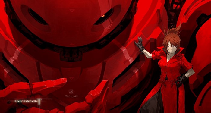 Anime girl in red outfit with large red robot