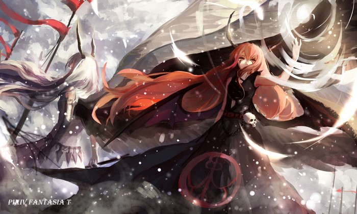 Two anime girls with long hair in a battle scene