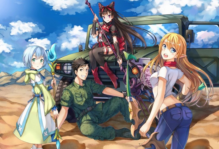 Anime characters with a military vehicle in a desert