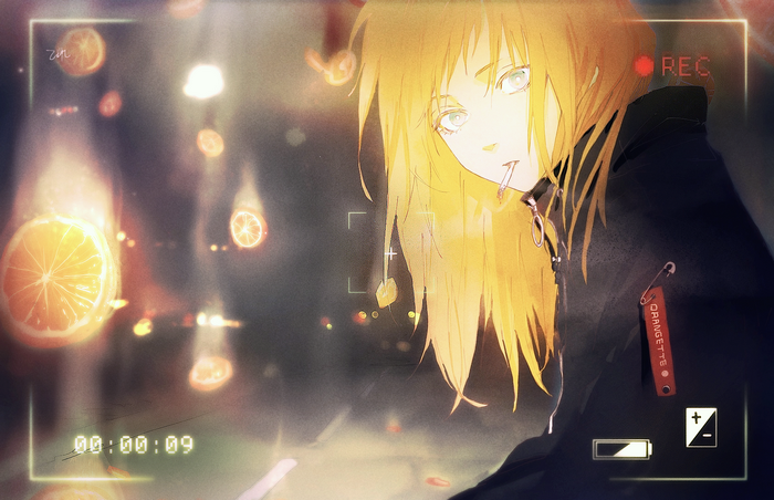 Anime girl with orange slices in a recording frame