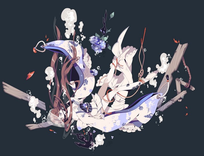 Anime girl in kimono underwater with debris