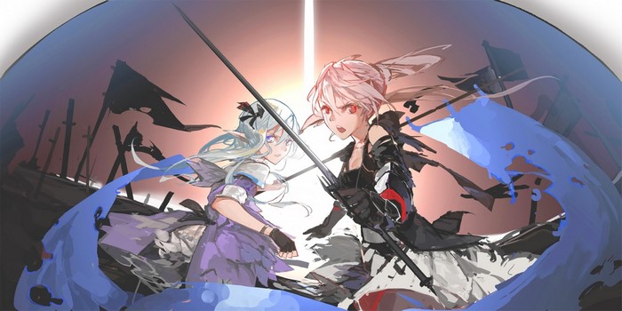 Two anime girls with swords in a battle scene