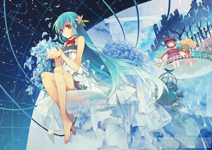 Anime girl with blue hair and a white dress