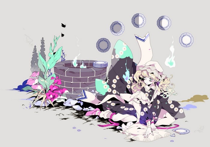 Anime girl with blonde hair and a dark kimono by a well