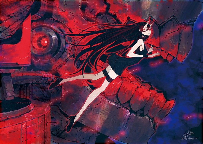 Anime girl with demon horns in a mechanical environment