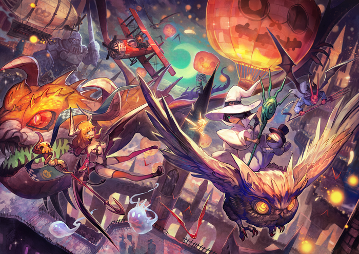 Halloween fantasy illustration with witches and monsters
