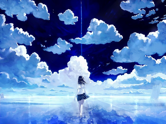 Solitary Girl Walking on Reflective Water Under Blue Sky