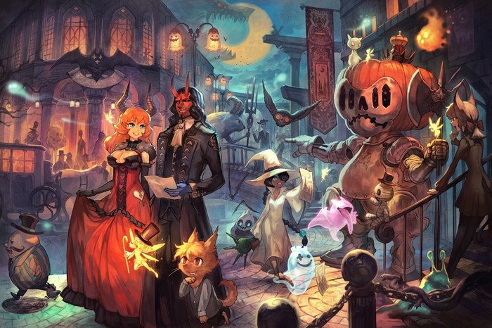 Halloween characters in a street scene