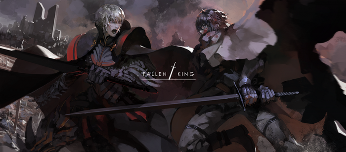 Two knights with swords in a battle, Fallen King