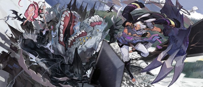 Anime characters fighting a monster