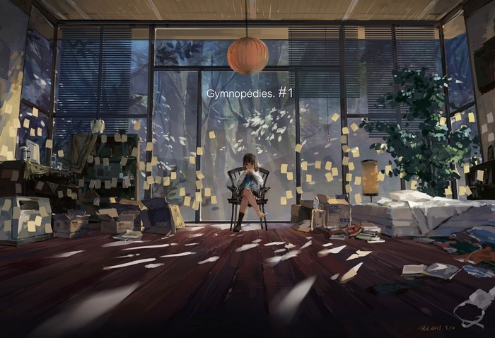 Girl in chair with "Gymnopédies. #1" text