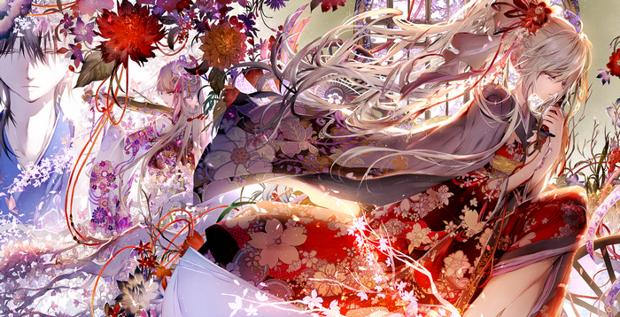 Anime characters in traditional Japanese attire with flowers