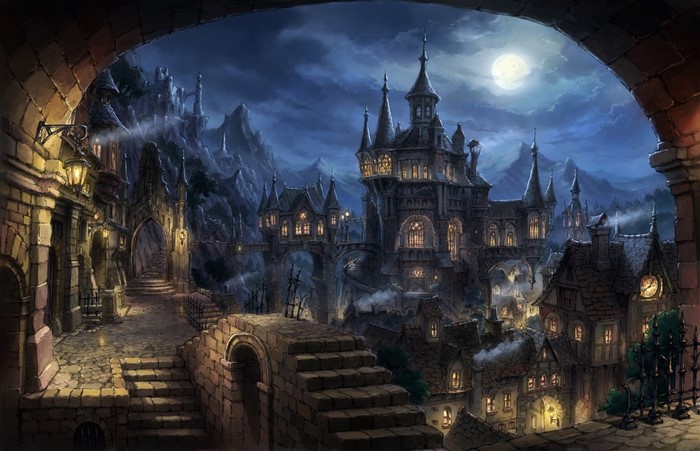 Gothic city with castle under the moon