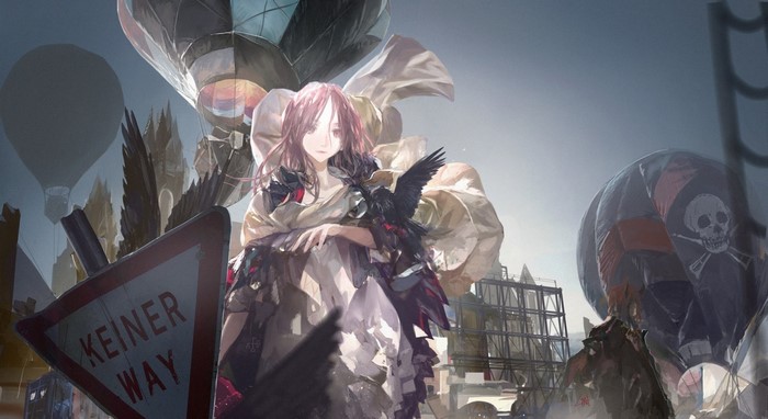 Anime girl with crow and hot air balloons