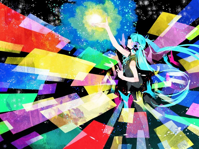 Hatsune Miku surrounded by colorful geometric shapes and light