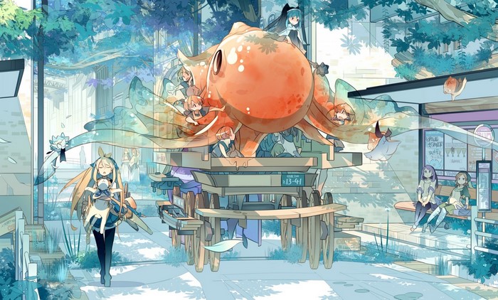 Anime characters on a float with an octopus