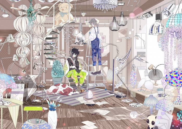 Anime characters in a room filled with lamps
