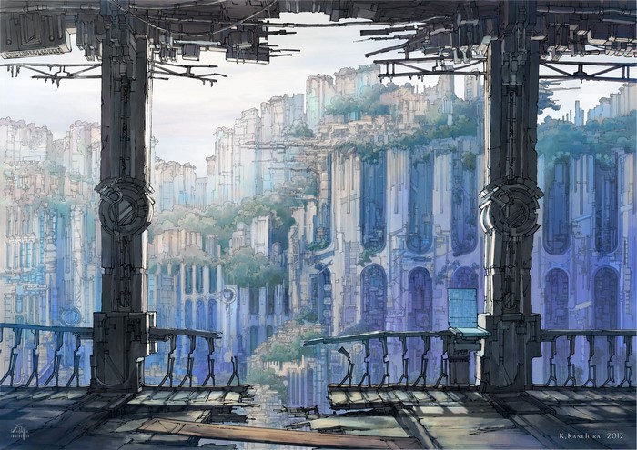 Anime cityscape with futuristic architecture and ruins