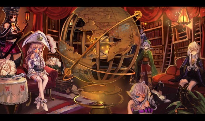 Anime characters in a library with a globe