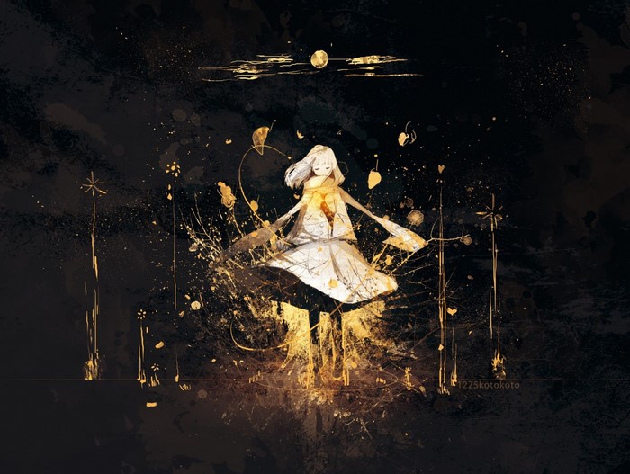 Anime girl dancing in golden light and darkness