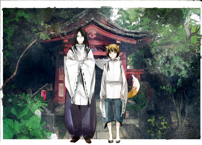 Anime painting of two figures in front of a shrine