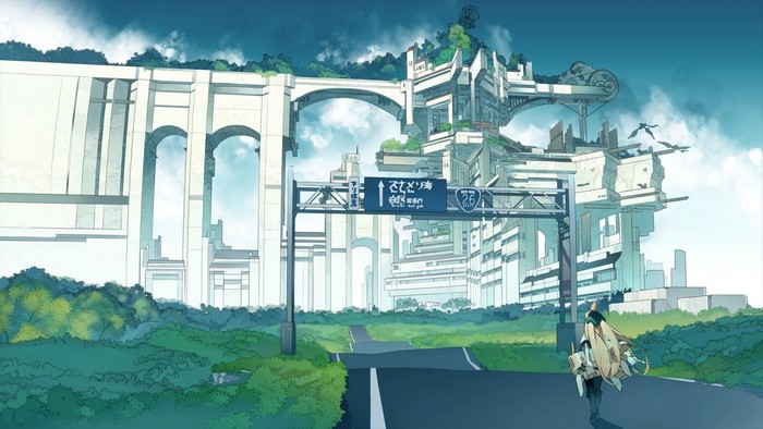 Anime illustration of a futuristic city with a girl walking on a road