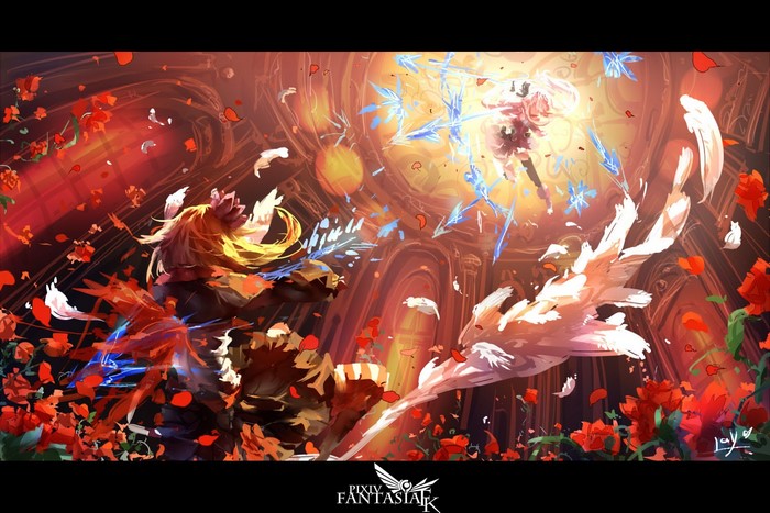 Anime characters fighting amidst roses and light