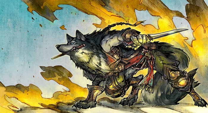 Anthropomorphic wolf warrior with sword and armor