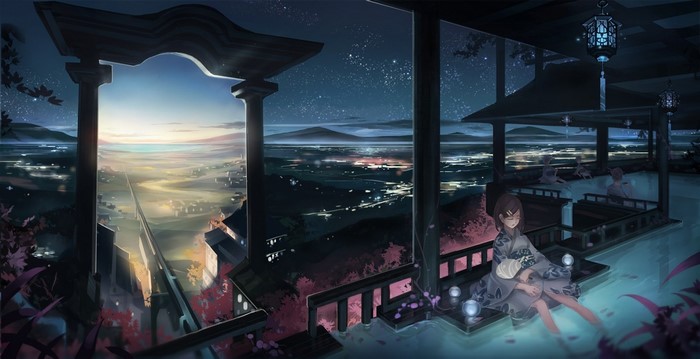 Anime girls in a hot spring at night
