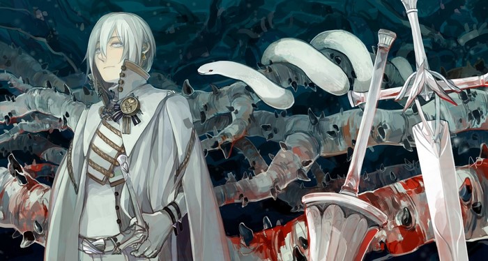 Anime man in white uniform with swords and snake