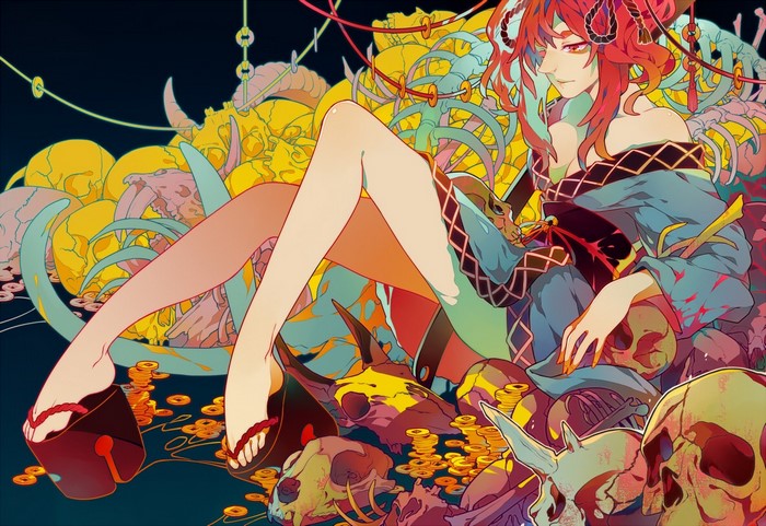 Anime illustration of a woman with red hair surrounded by skulls and coins