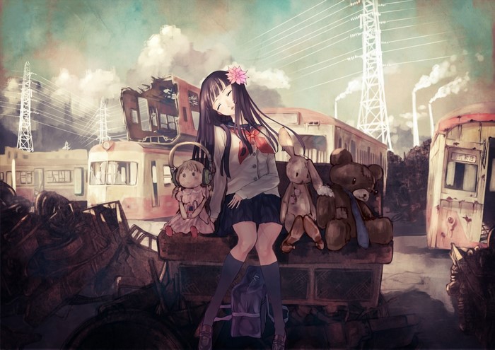 Anime girl with toys in a junkyard with trains