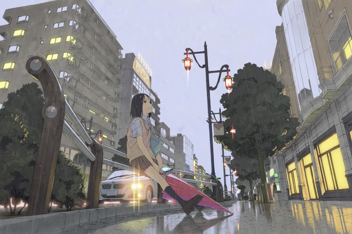 Anime girl sitting on a railing in the rain