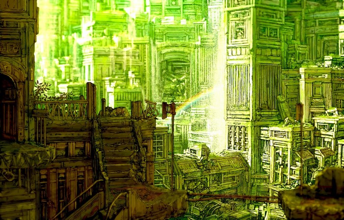 Green anime cityscape with overgrown architecture