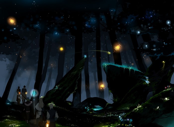 Anime characters in a dark forest with fireflies