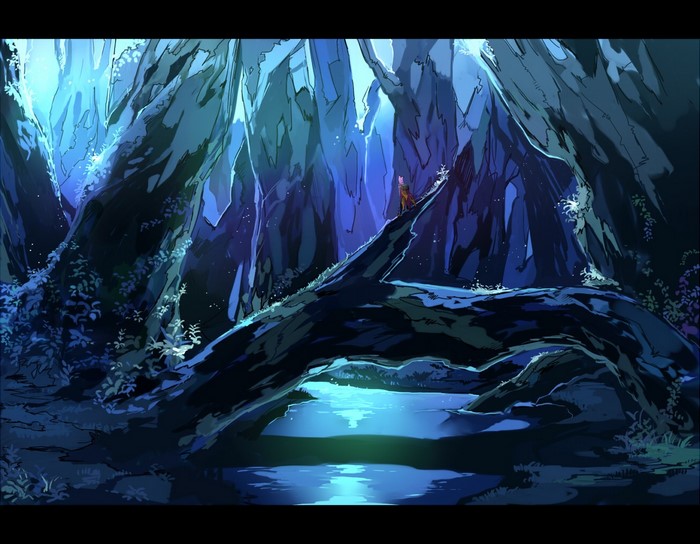 Anime character in a glowing blue cave with a fallen tree bridge