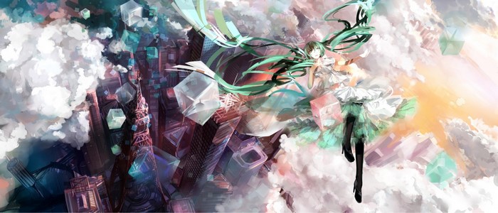 Hatsune Miku in a surreal cityscape with clouds and cubes
