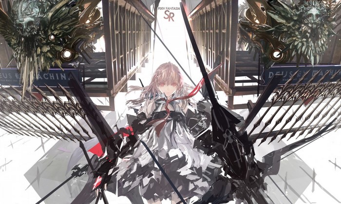 Anime girl with swords and mechanical wings