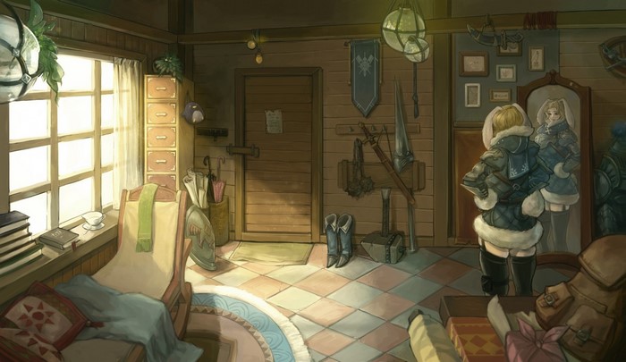 Anime screenshot of a woman in armor in a room