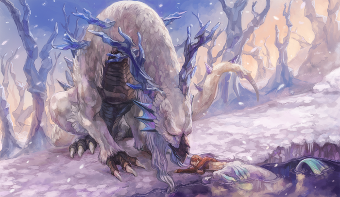 Dragon and human in a snowy forest