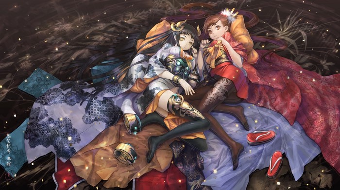 Two anime girls in kimonos with mythology elements