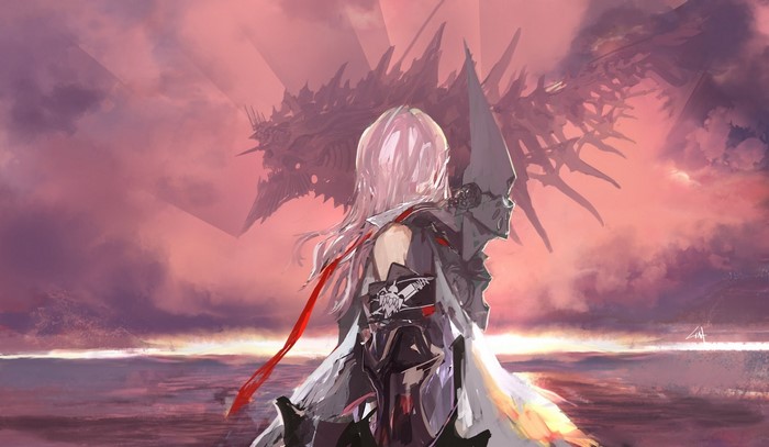 Lightning from Final Fantasy XIII with a large creature