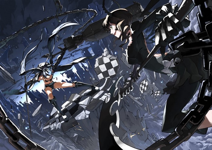 Black Rock Shooter characters fighting amidst debris