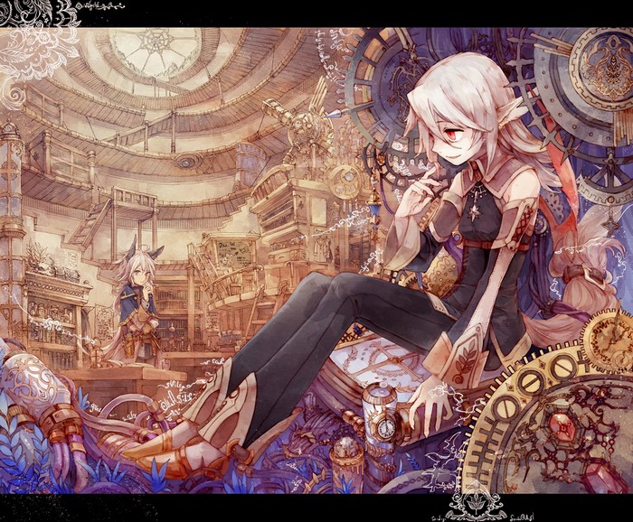 Anime illustration of elves in a steampunk library