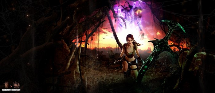 Lara Croft from Tomb Raider fighting a spider creature