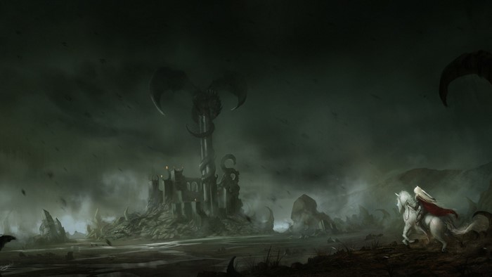 Fantasy warrior on horseback approaches a dark castle with a dragon overhead