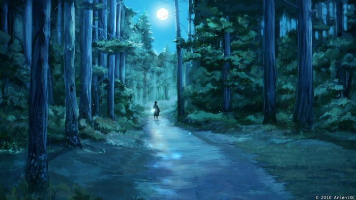 Anime artwork of a person walking in a moonlit forest
