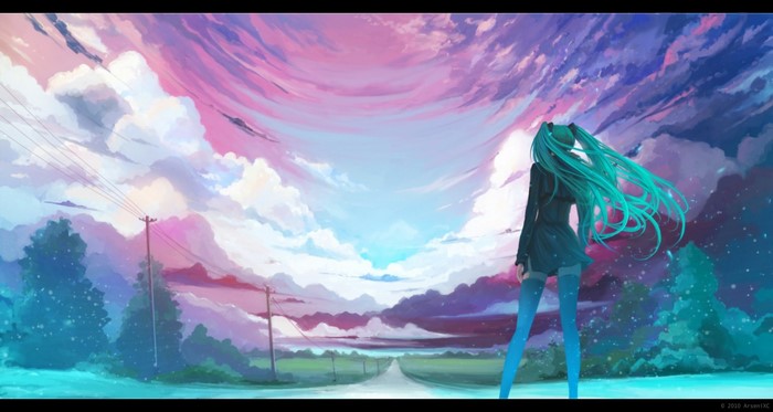 Hatsune Miku standing on a road with a colorful sky