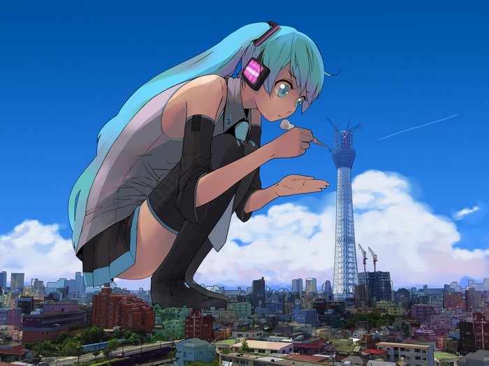 Hatsune Miku from Vocaloid over a city