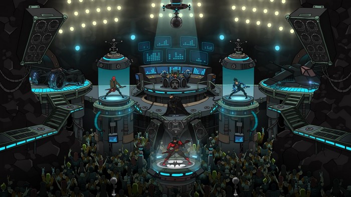 Batman and his allies perform on stage in the Batcave
